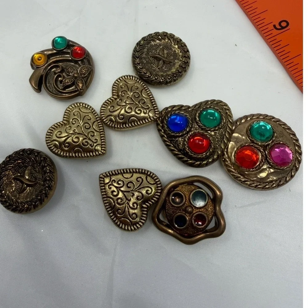 Vintage Mixed Metal Shank Buttons Lot 9pc Heart Round Filigree Faux Gemstone